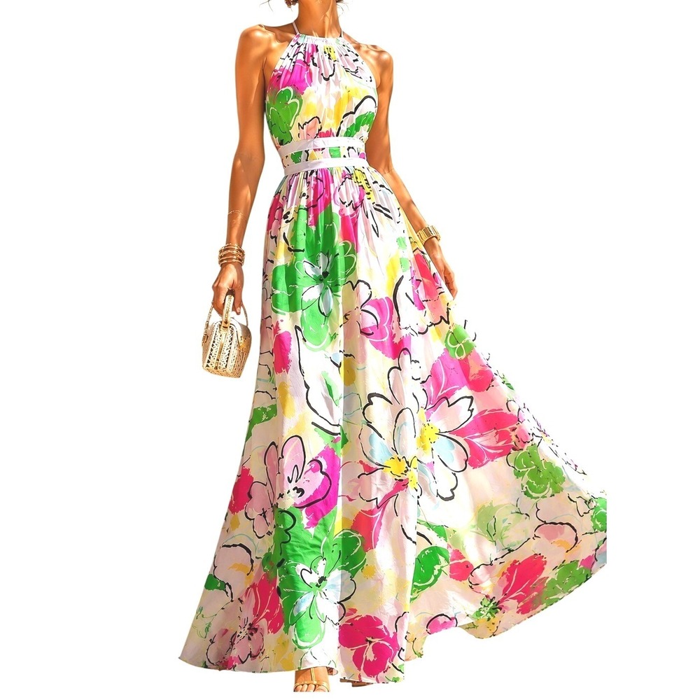 ASOS Floral Halter Maxi Dress Pink Green Abstract Bucci Print Open Back Resort 6